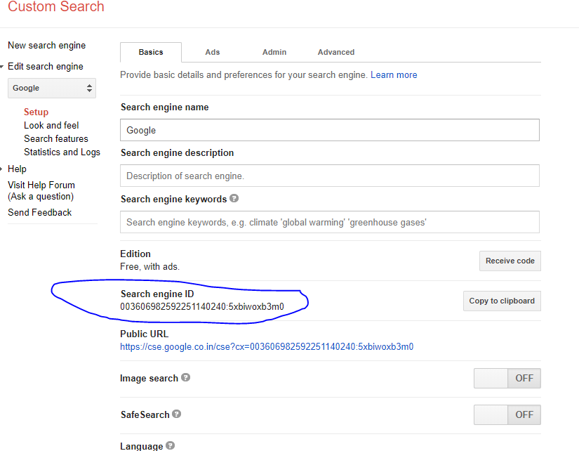 google custom search engine ID CX Id