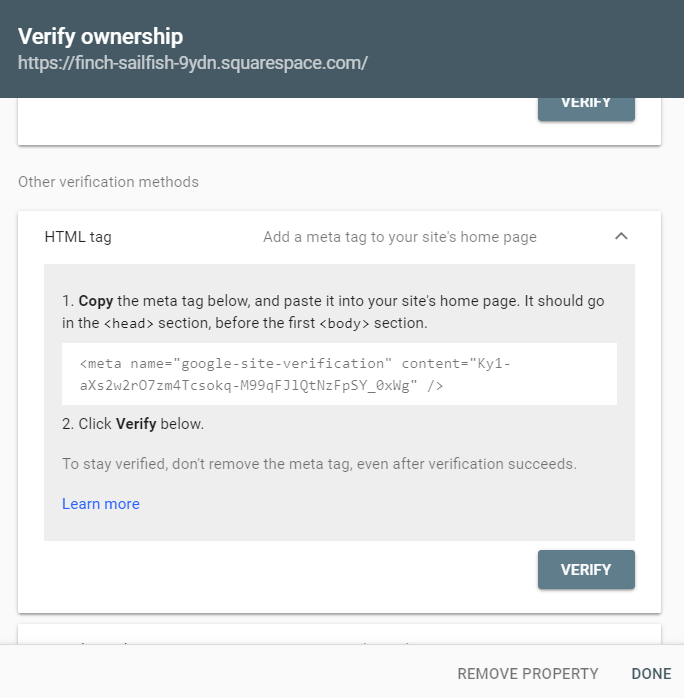 How to add squarespace site to google search console.