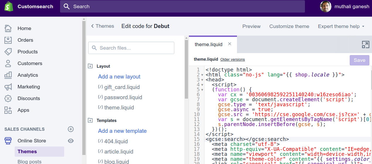 add google custom search to shopify