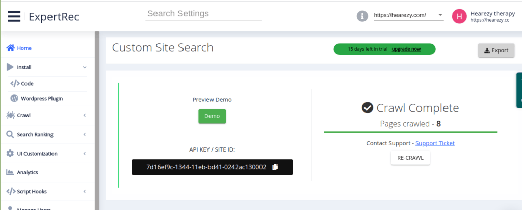 dashboard to tweak the search settings