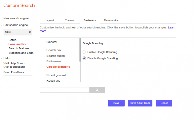 remove powered by google custom search branding