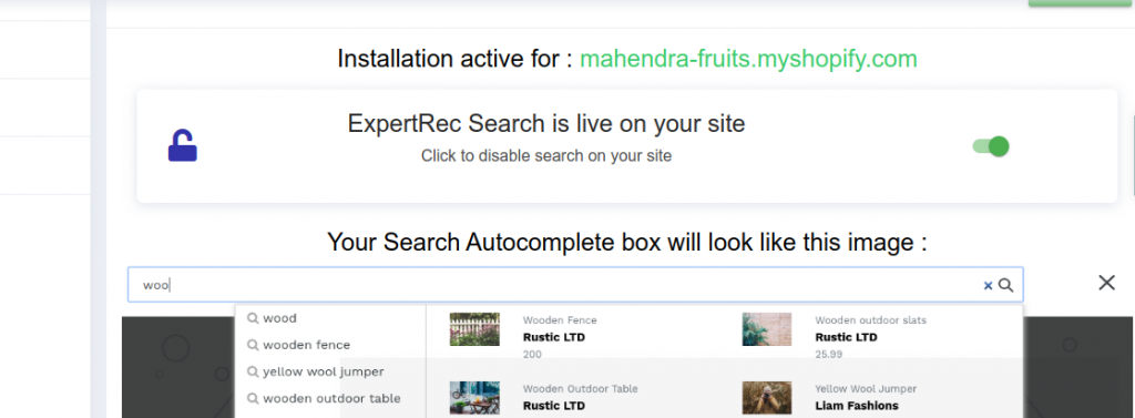 Expertrec’s custom search engine dashboard - Enable Shopify Option