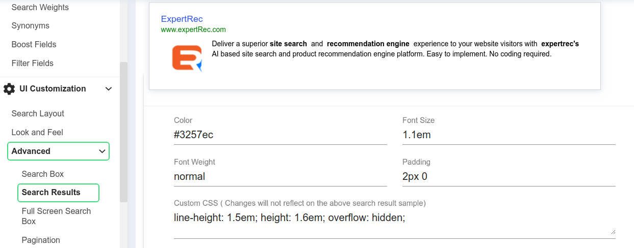 search results UI