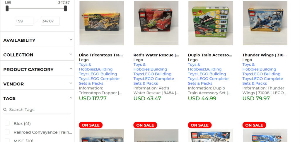 Shopify faceted search filters in online toys store