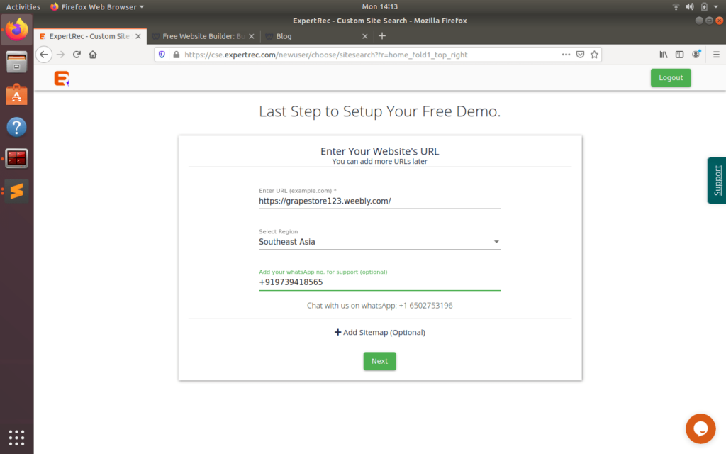 Add website URL to expertrec site search