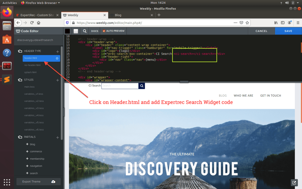 add expertrec search box to weebly website header