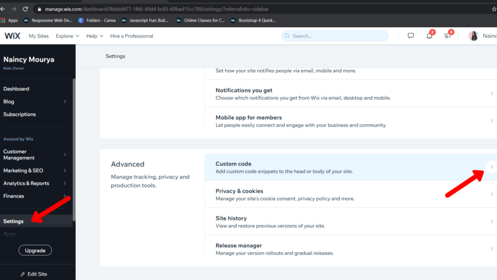 Add the code copied from Expertrec dashboard into the Custom Code search for Wix search bar