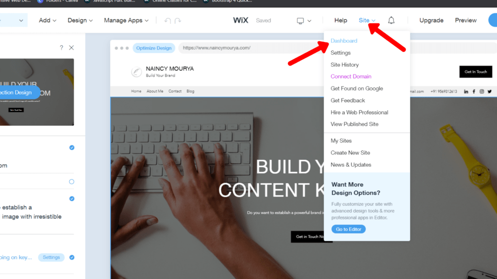 Open dashboard in Wix Adi by click on site menu to add custom code