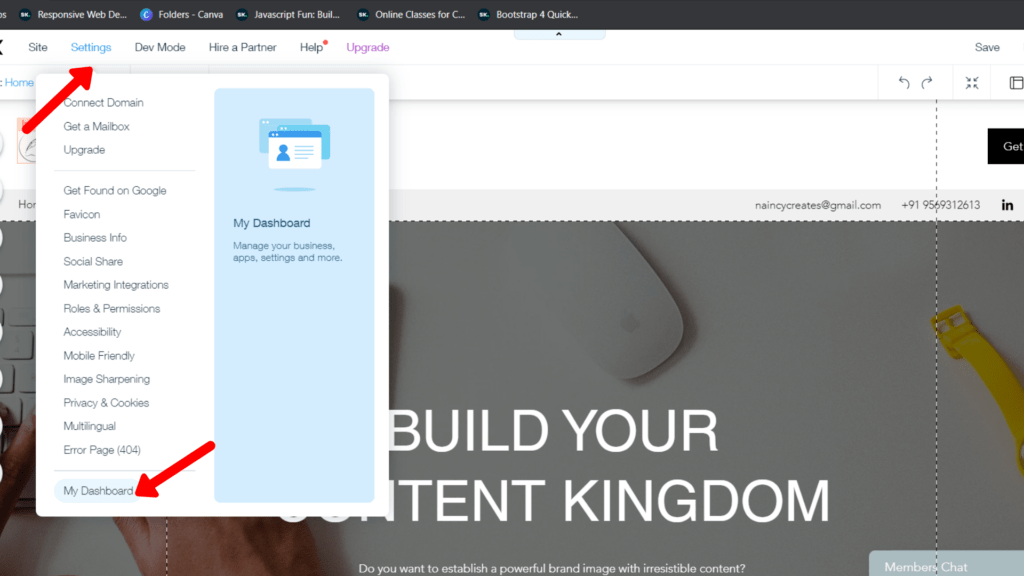 open dashboard in wix editor by click on settings menu