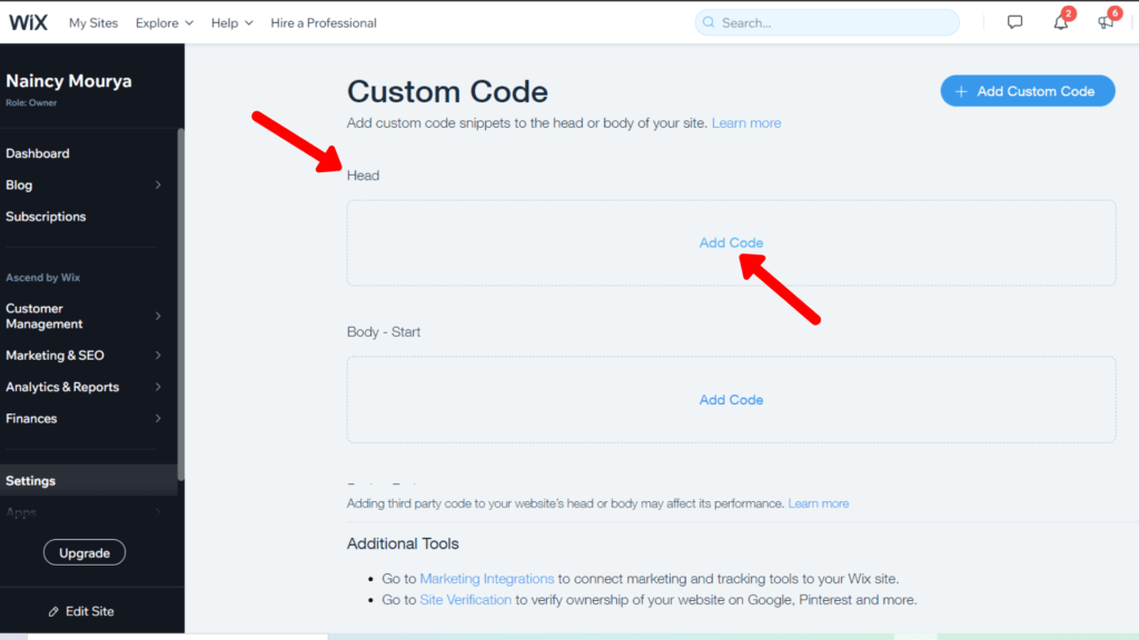 Add the copied code from Expertrec to Wix custom code head to get wix search bar