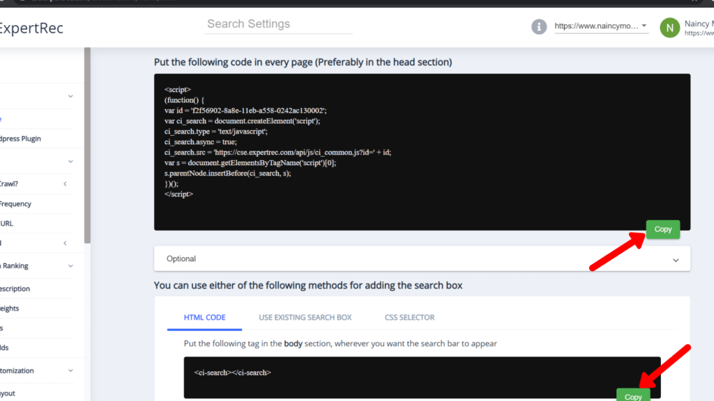 Copy code from expertrec dashboard to Wix search custom code setting
