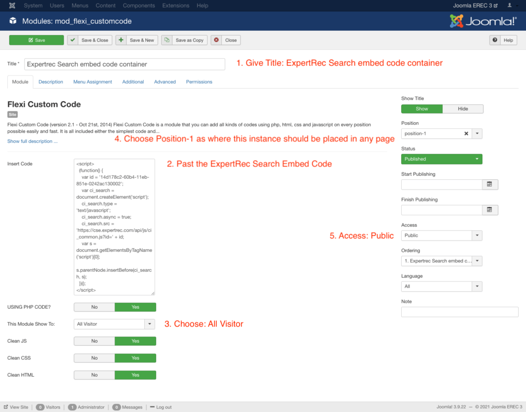 Insert ExpertRec Site Search embed code in Joomla