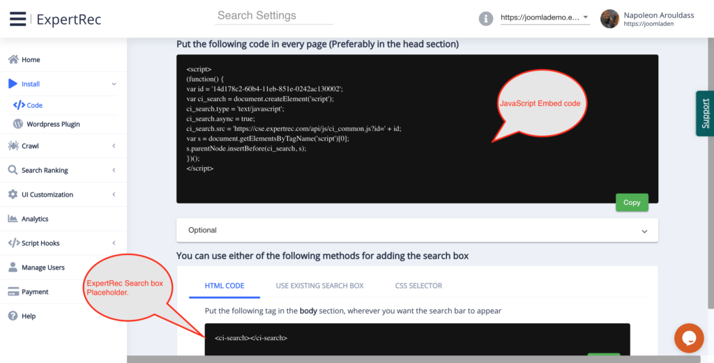 add ExpertRec Search embed code to joomla website