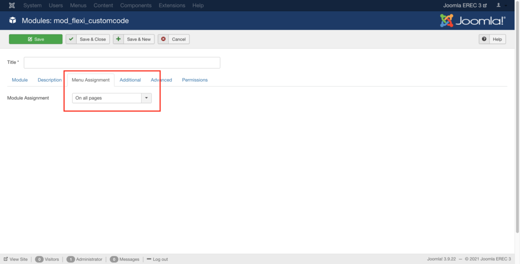 add Expertrec Search embed code to Joomla Menu assignment 