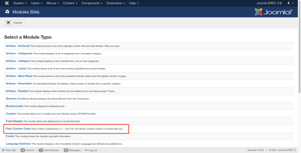 Create New module and select flexi custom code to add ExpertRec site Search for Joomla website