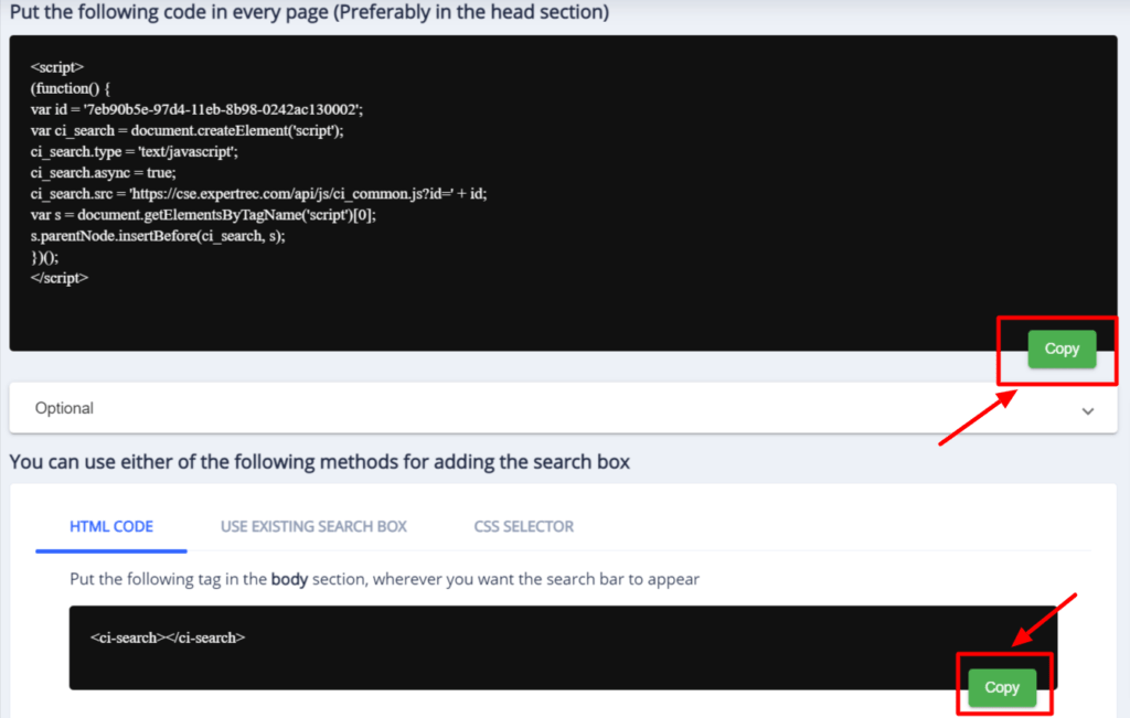Copy the code from Expertrec dashboard to get wix filter search for your site