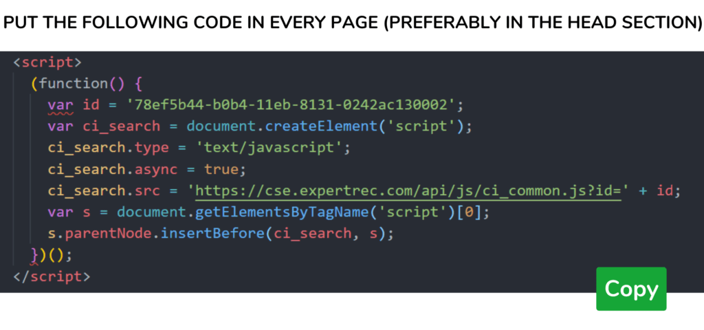 Copying the wix site search code from Expertrec dashboard
