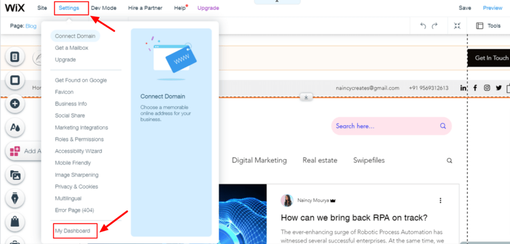 Open Dashboard by clicking on Settings menu in Wix Editor