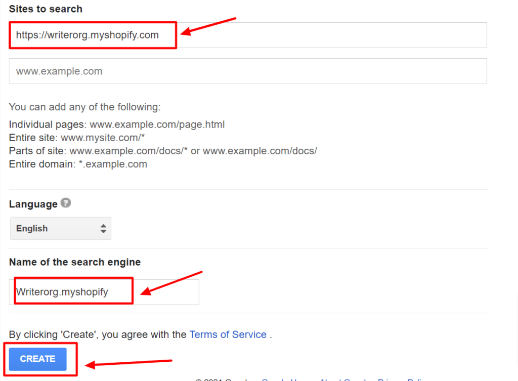 Enter website URL and name your GSS