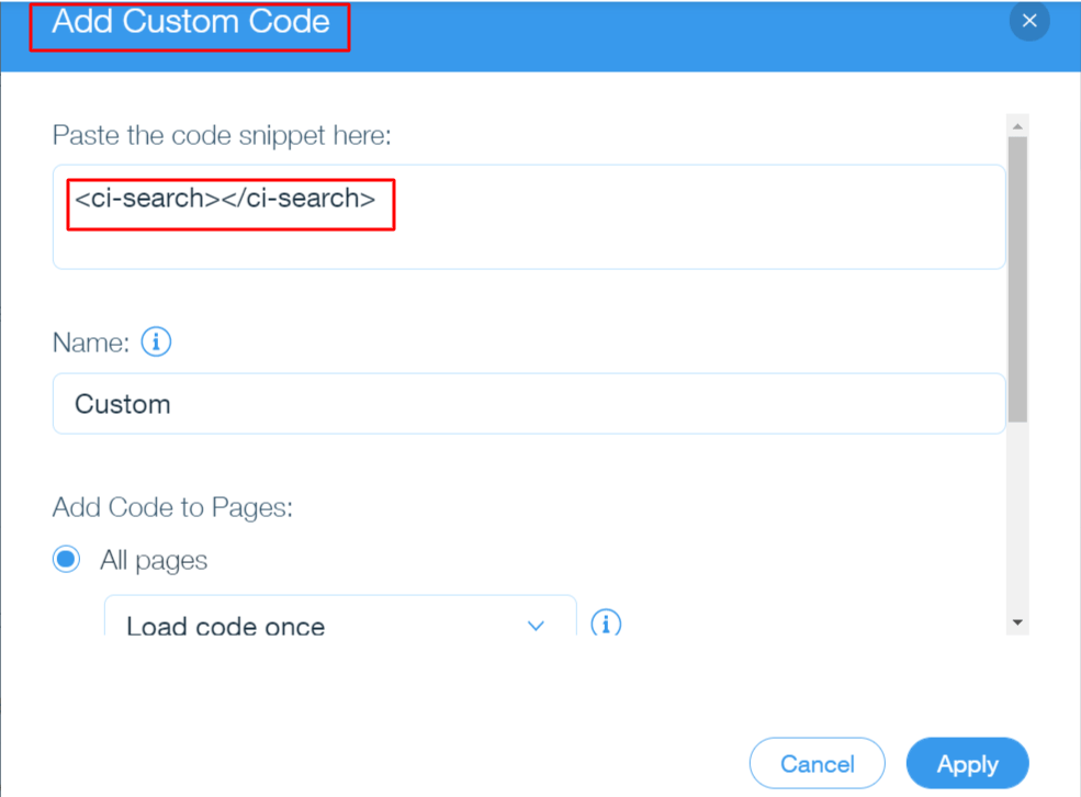 Enter the HTML tag for Wix site search in the Code settings