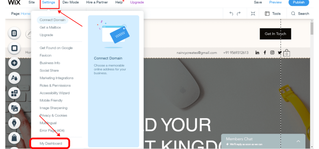 Open Wix dashboard in Wix Editor by clicking on Settings menu