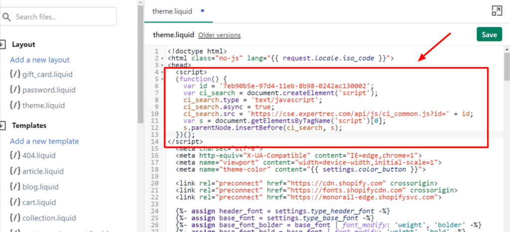 Adding Expertrec Shopify Search API Code-1