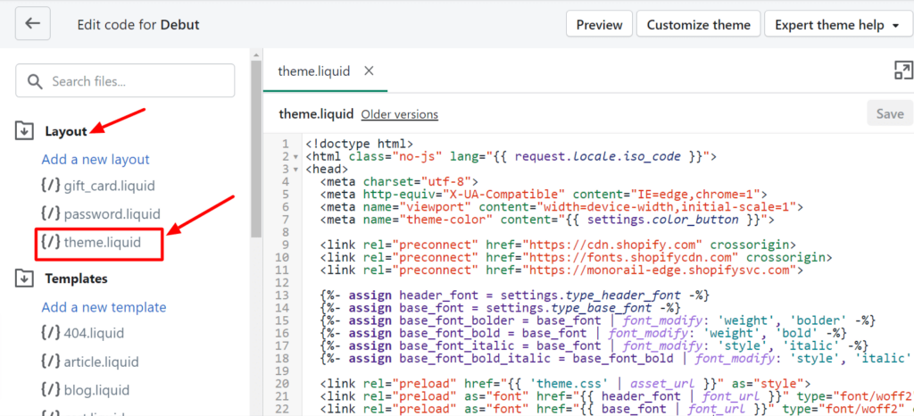 Edit theme.liquid in Shopify Store