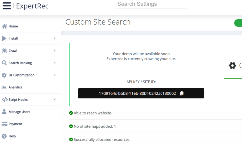 Expertrec Site Search Dashboard)