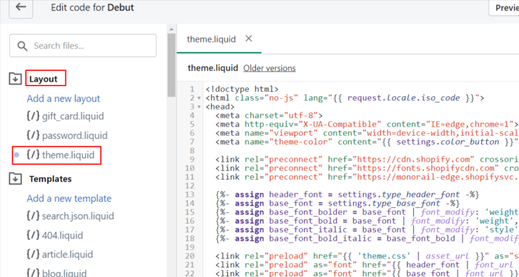 Open theme.liquid in Layouts folder