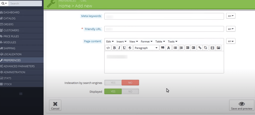 Save the prestashop new page setup