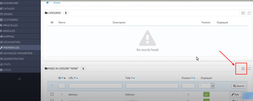 Click on add new page in prestashop