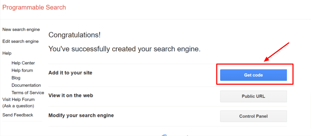 Click on get key to access shopify search code by google