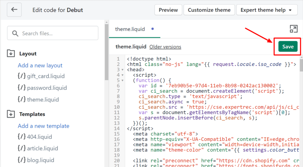 Save the Shopify Code