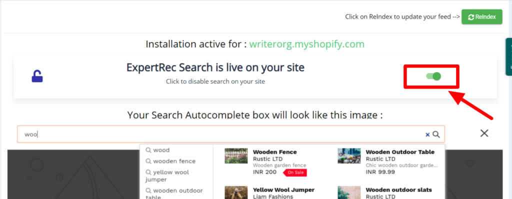 Shopify search is enabled in Expertrec dashboard