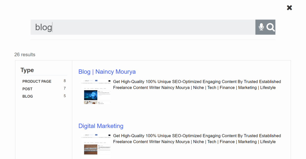 search results in overlay mode of prestashop store