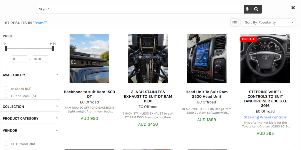 Shopify search page Expertrec search bar