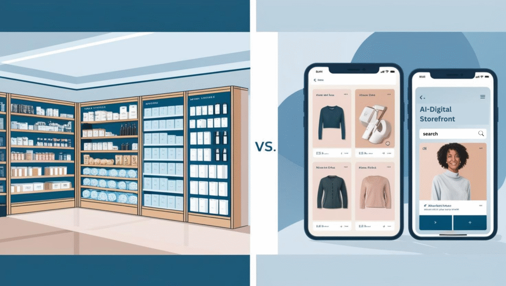 Visual comparison of physical and digital merchandising in retail environments.
