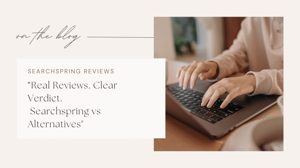 Searchspring reviews summary featured image showing user sentiment highlights such as strong features, high complexity, and comparison with alternatives like ExpertRec.