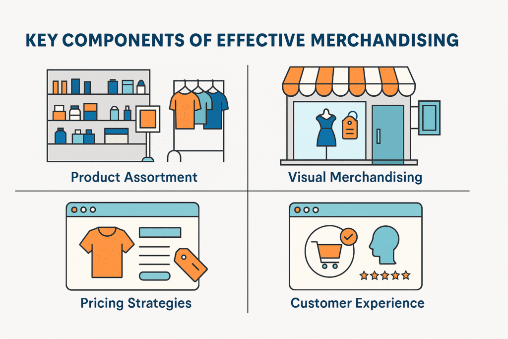Infographic showcasing essential elements of merchandising strategies in retail and ecommerce settings.