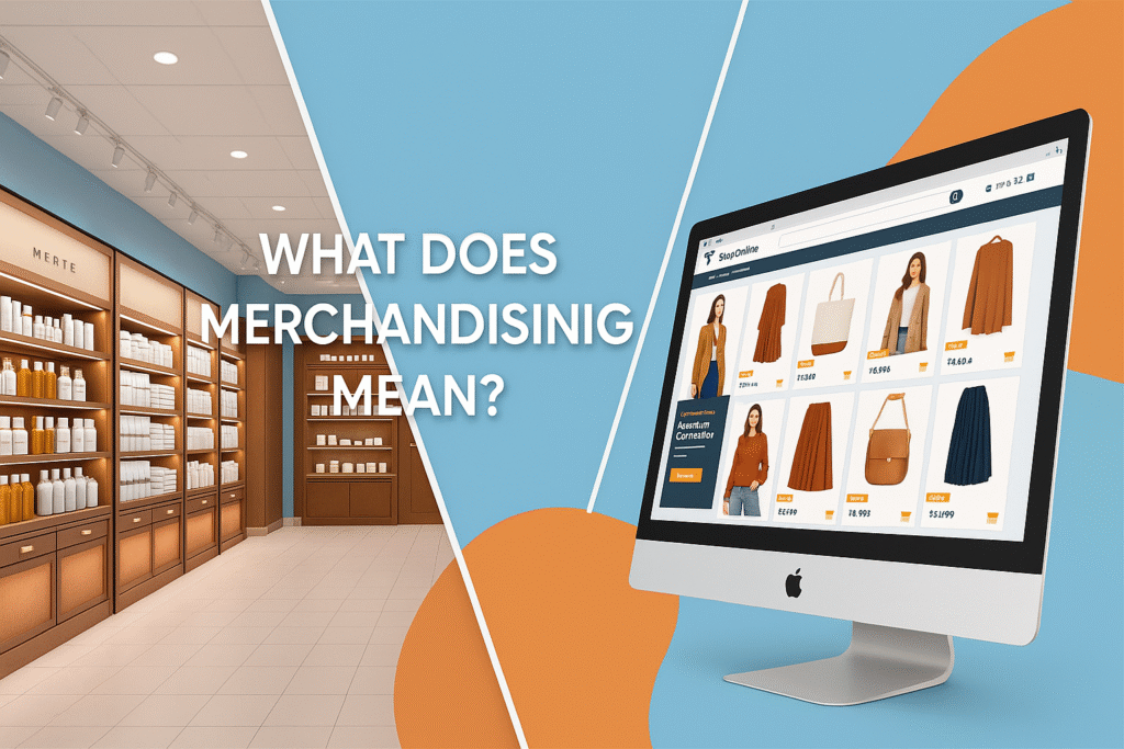 A split-screen digital illustration comparing traditional retail and eCommerce. On the left, a modern store interior with wooden shelves displays neatly arranged products under warm lighting. On the right, a desktop computer showcases an online store with women’s fashion items like dresses and bags. The text “What Does Merchandising Mean?” is prominently placed in the center over a light blue background with orange accents.