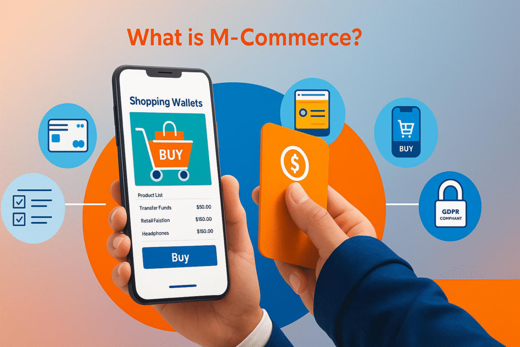 A colorful flat illustration of a user shopping on a smartphone, surrounded by icons for mobile wallet, cart, notifications, and secure payment, with the title “What is M-Commerce?” above.