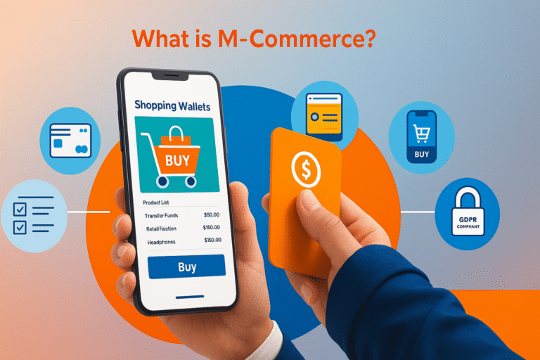 A colorful flat illustration of a user shopping on a smartphone, surrounded by icons for mobile wallet, cart, notifications, and secure payment, with the title “What is M-Commerce?” above.