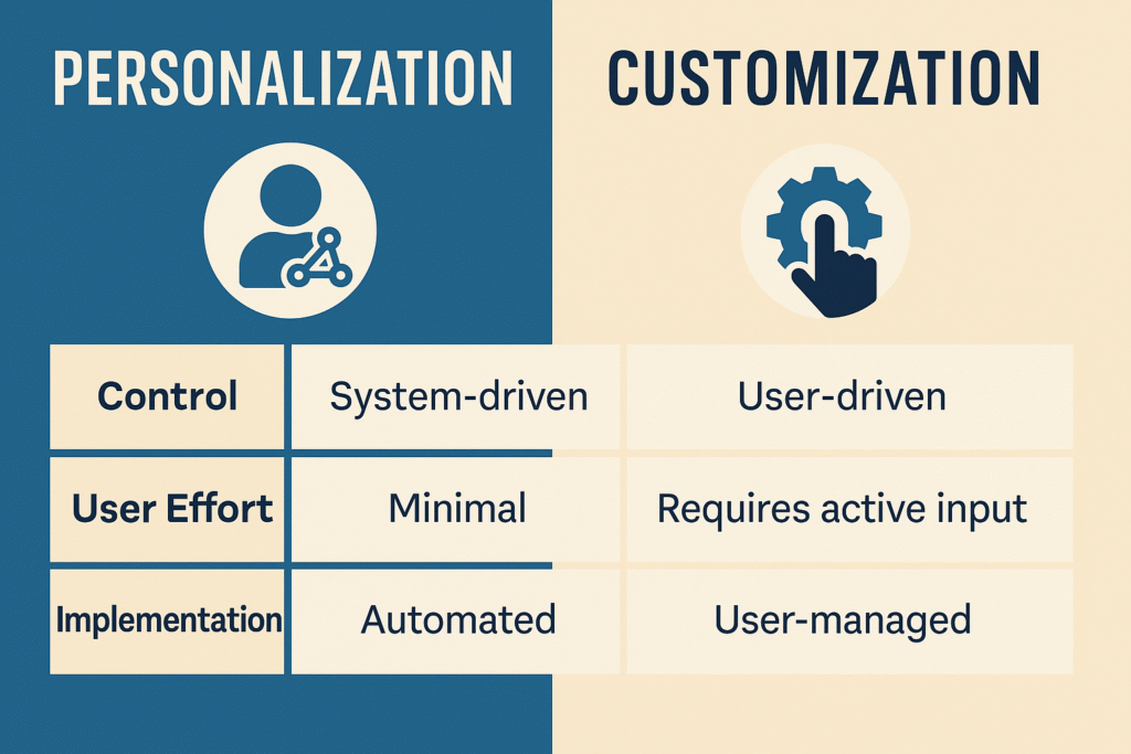 Infographic comparing personalization and customization strategies in user experience.