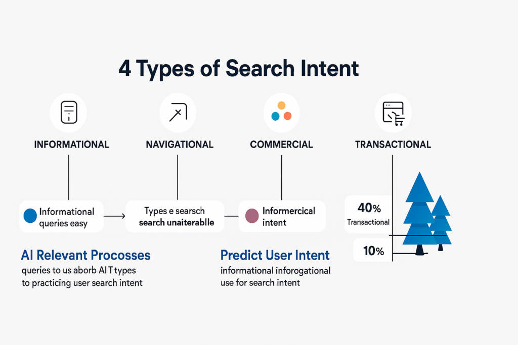 Infographic illustrating the four search intent types and the flow of AI-powered predictive analytics from query input to personalized search results.