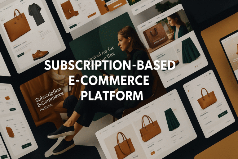 Stylized promotional image for a subscription-based e-commerce platform, featuring a woman using a tablet surrounded by multiple online storefront screens showcasing fashion and retail products. Bold white text reads 'SUBSCRIPTION-BASED E-COMMERCE PLATFORM' over a modern, high-contrast background.
