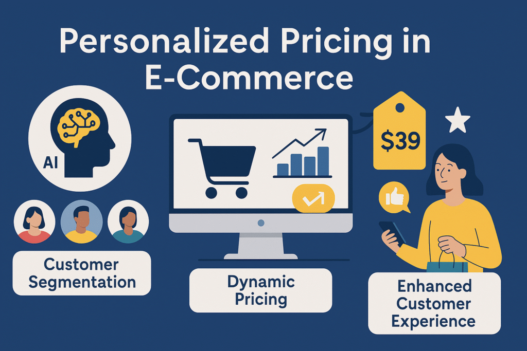 Infographic depicting AI-powered personalized pricing strategies in e-commerce, highlighting customer segmentation, dynamic pricing, and improved shopping experiences.