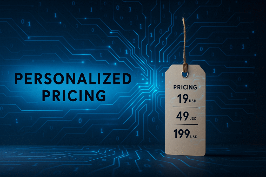 Digital graphic showing the concept of personalized pricing, featuring a price tag with different pricing tiers ($19, $49, $199) against a futuristic blue background with circuit lines and binary code.