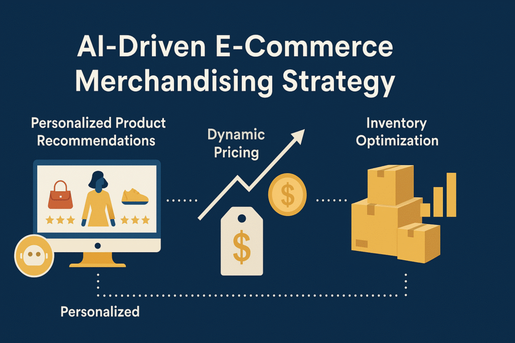 Infographic depicting AI-powered e-commerce merchandising strategies, including personalized recommendations, dynamic pricing, and inventory management
