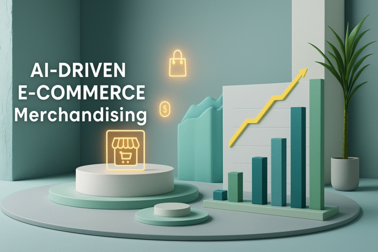 3D-rendered digital illustration showcasing AI-driven e-commerce merchandising with glowing product icons, a bar chart, and a rising graph line in a clean, modern setting.