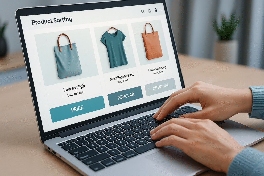 Illustration of an e-commerce platform showcasing product sorting features being used by a customer on a laptop.